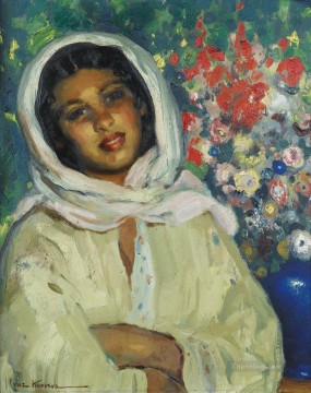 Árabe Painting - Mujer joven con un ramo de flores José Cruz Herrera género árabe
